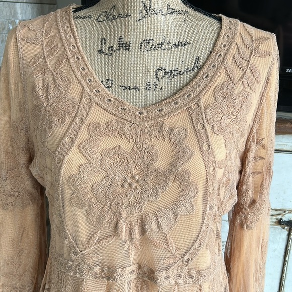 Orange Creek lined lace embroidered scalloped hem boho hippie dress tan/orange - Picture 2 of 16